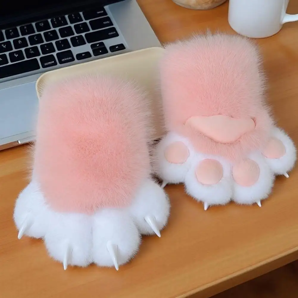 ถุงมือคอสเพลย์ขนปุยรูปอุ้งเท้าแมวสามสีสำหรับฤดูหนาว - ดีไซน์อุ้งเท้าสัตว์สำหรับสาวแมว พร้อมแผ่นเสียงบี๊บ อุปกรณ์เสริมสำหรับชุดแฟนซี