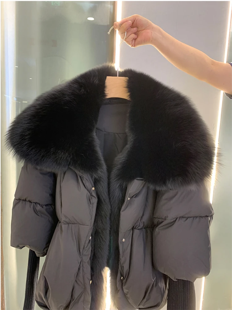Janveny Large Real Silver Fox Fur Collar 2026 White Duck Down Jacket Women Winter Luxury Puffer Coat Oversize Feather Outwear