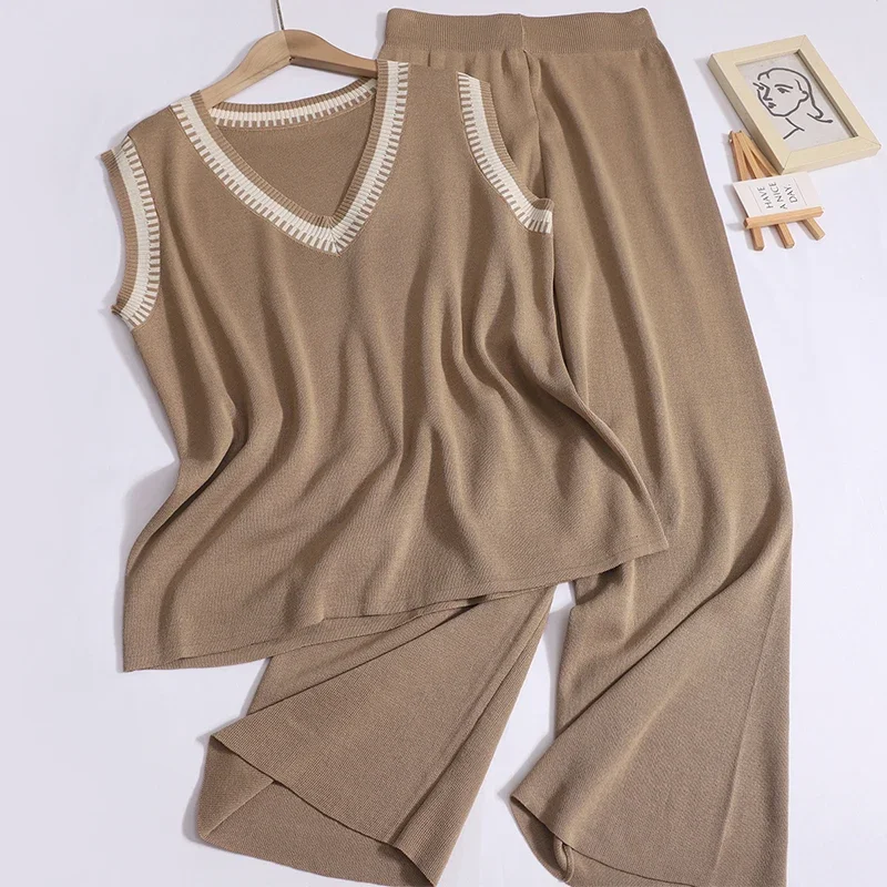

Women Knit Two-piece Set Contrast Color V-neck Tank Top and Solid High Waist Wide Leg Pants Vintage New Casual Loose Suit New