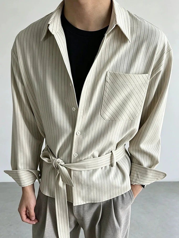 Retro Men Long Sleeve Shirt 2026 Autumn Turn-down Collar Striped Pattern Waist Belt Daily Outdoor Mens Fashionable Tops For Men