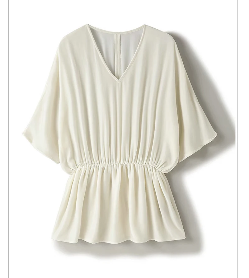 Luxury Silk Velvet Women's T-shirt, Seven-Sleeve V-Neck Top, Elegant Casual Fashionable Shirt, Soft Smooth with Lustrous Texture