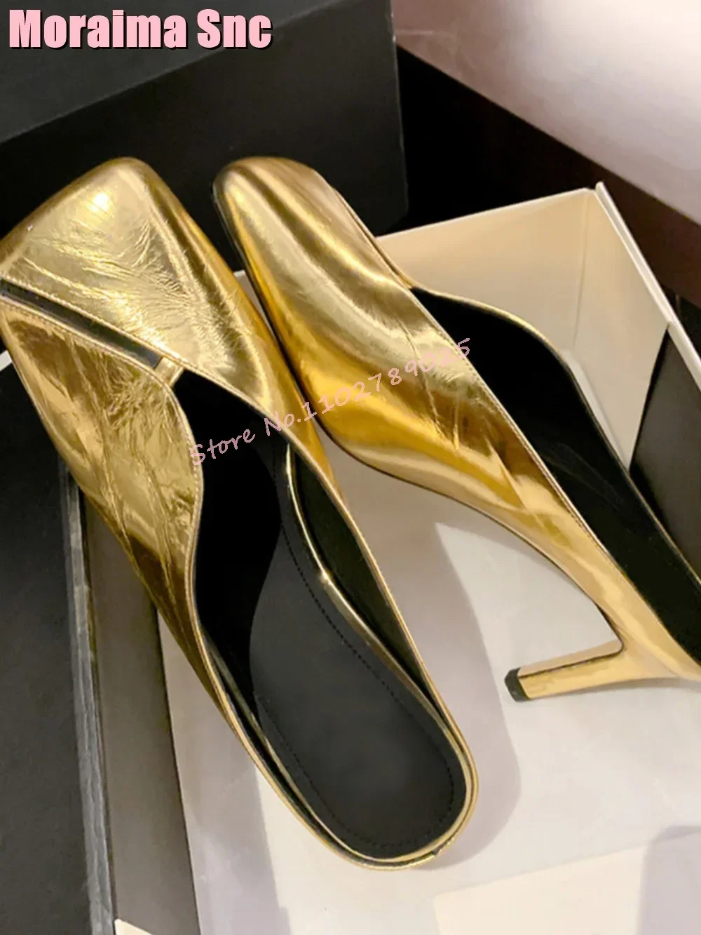 

Fashion Square Toe Shallow Mules Stiletto High Heel Sexy Elegant Women's Slippers Golden Solid Genuine Leather Casual Outdoor