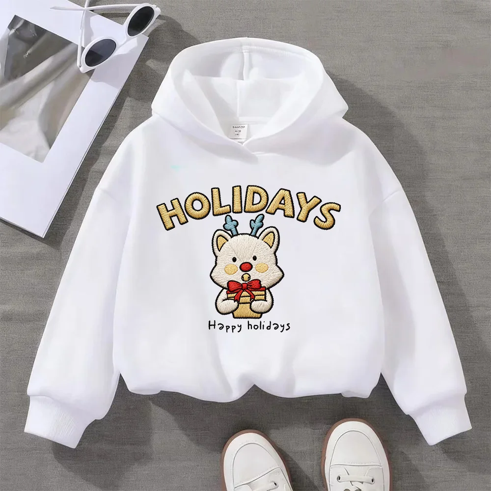 Kids Reindeer Cat Happy Holidays Hoodie Cute Christmas Graphic Pullover for Boys Girls Festive Casual Long Sleeve Sweatshirt