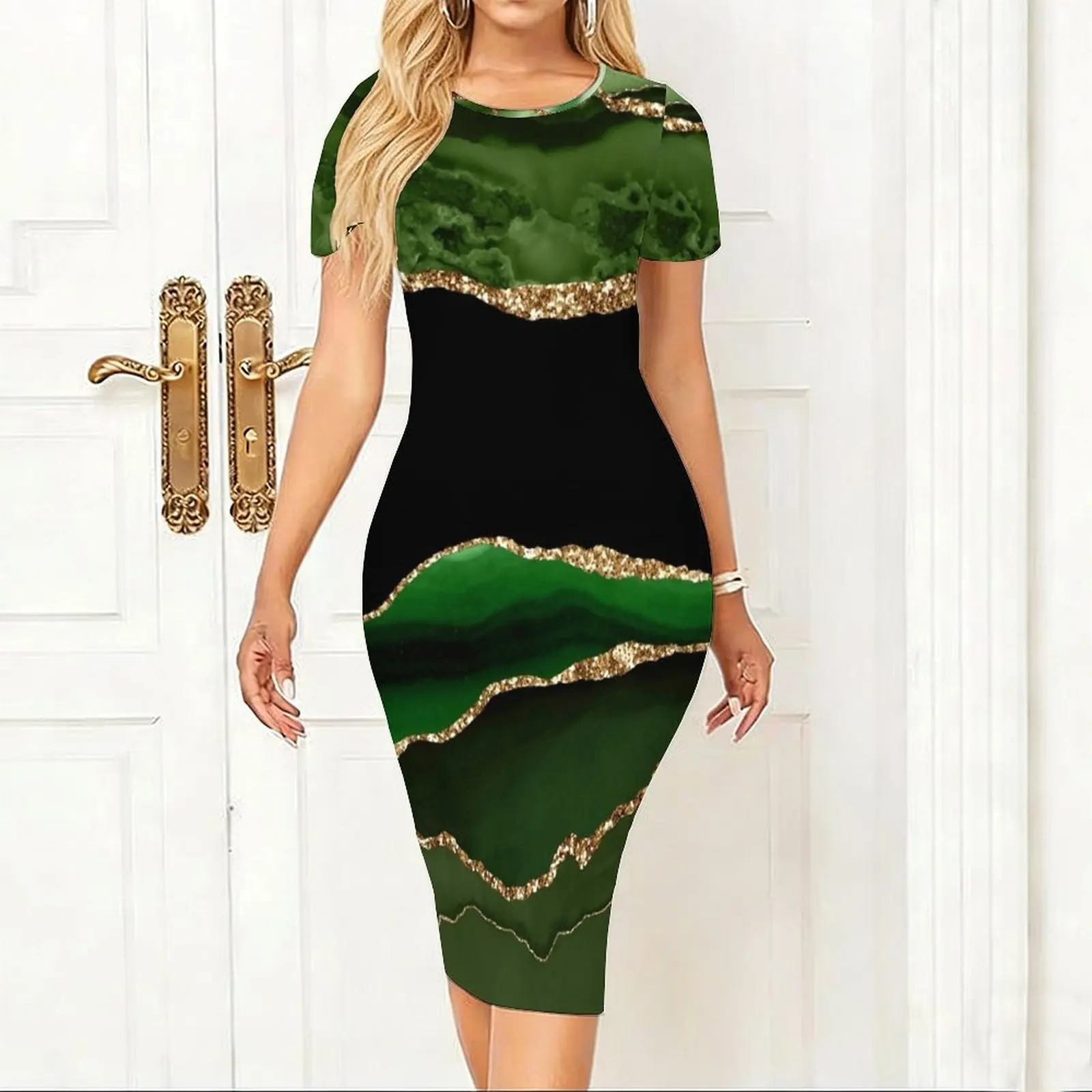 Emerald Green Faux Malachite Marble Women's Short sleeved Tight Hip hugging Skirt