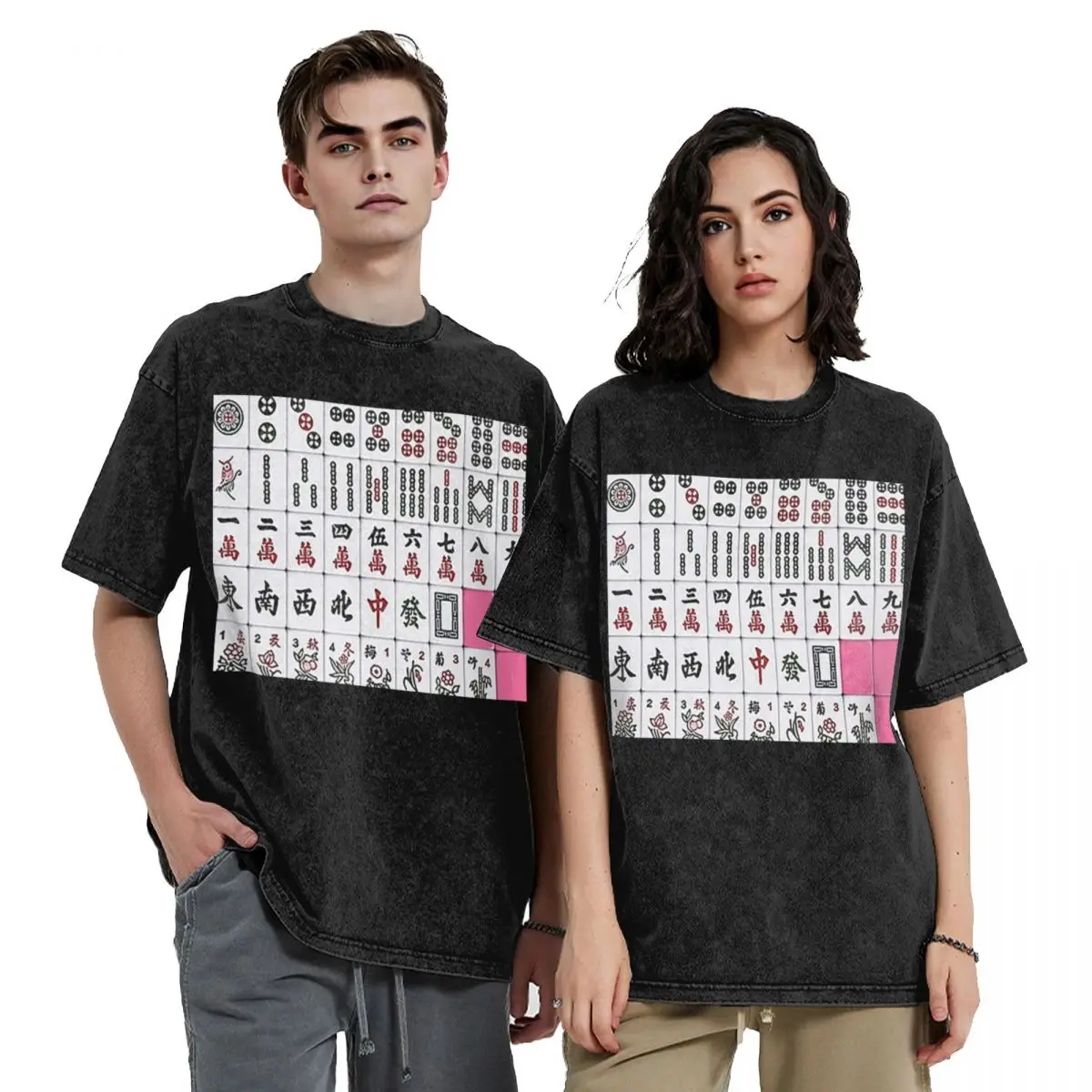 Mahjong Tile Pattern Washed T Shirts Vintage Short Sleeve Hip Hop T-Shirt Streetwear Tops Tees for Men Women