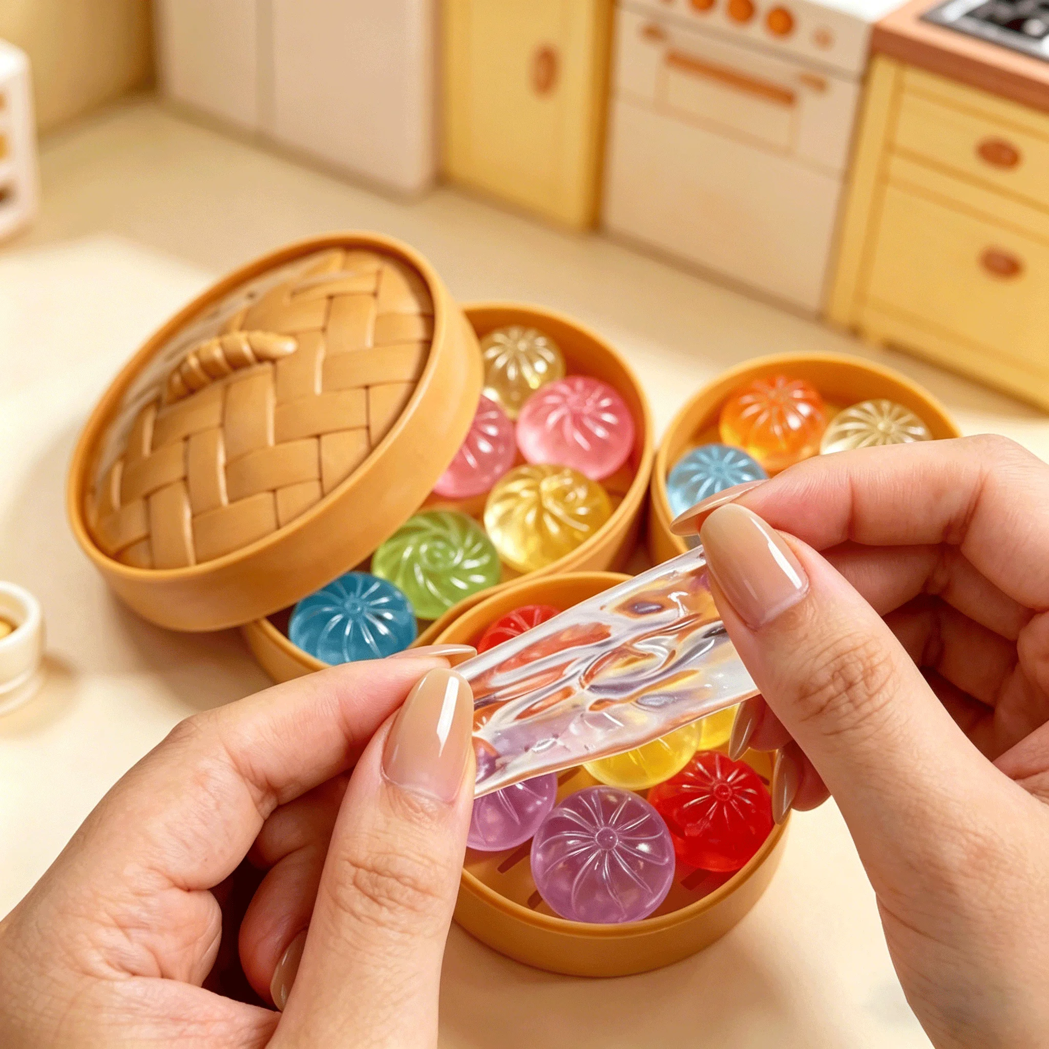 Realistic Mini Crystal Dumpling Squeeze Toy with Bamboo Steamer Soft TPR Dough Ball Decompression Fidget Toy Creative Funny Gift