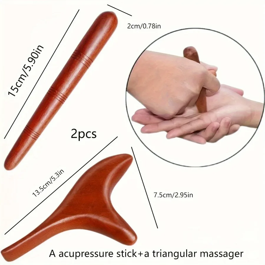 2Pcs Wooden Massage Set: Acupressure Stick+Triangle Tool, 3-Tooth Design for Body & Foot,Eye Muscle Relaxation, Home Travel Gift