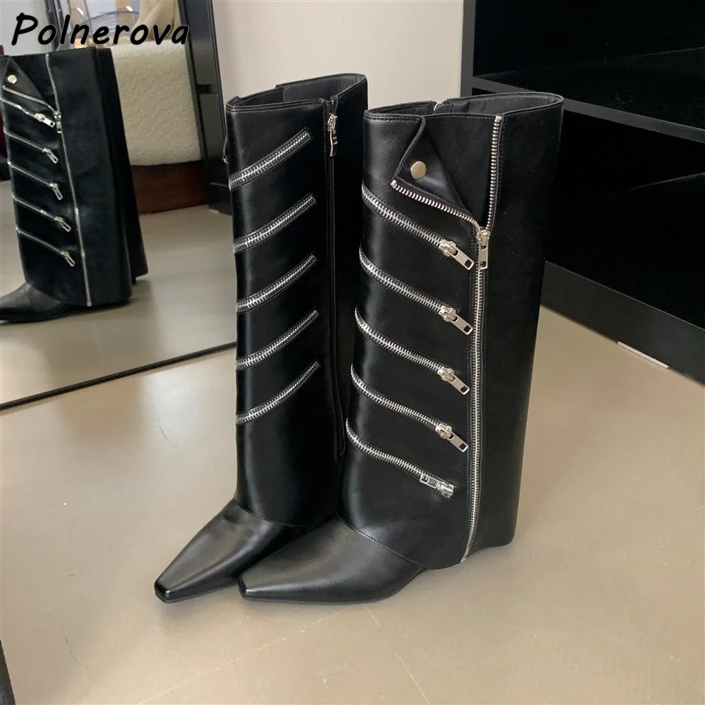 

Multi Zipper Wedges Black Boots Black Brow White Solid Pointy Toe Leather Knee High Boots Women's Fashion Concise Leisure Shoes