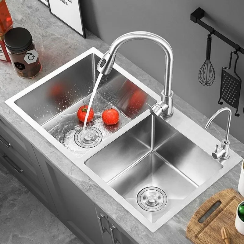 Kitchen Sink Double Sink SUS304 Stainless Steel Handmade Thickened Vegetable Basin Set