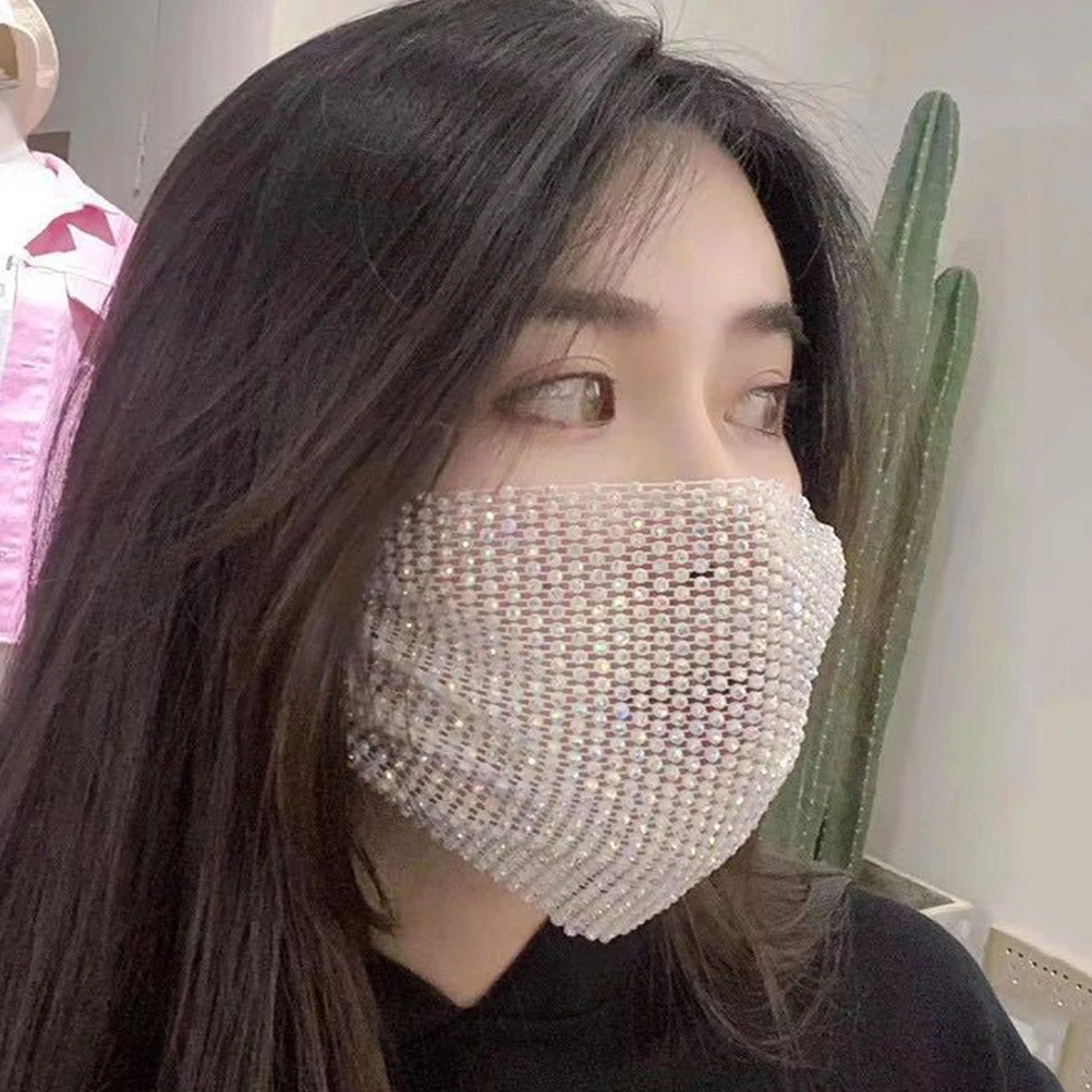 

Masks Water Drill Rhinestone Creative Mouth Cover Exotic Fishing Net Fashion Women White Decorative Cosplay Prop Bride