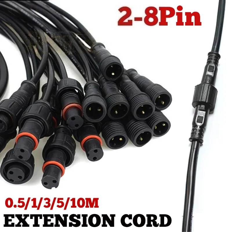 IP67 2Pin Extension Cable 3-8Pin Male Female Plug 0.3~2.5 Square 0.5~10meters Outdoor Waterproof Lighting Connection Power Line