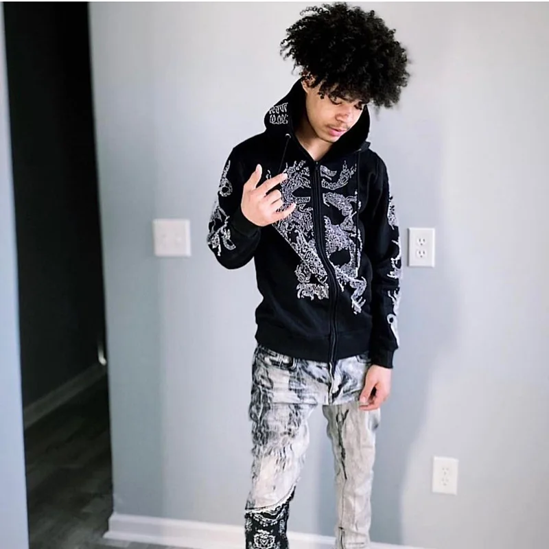 

Vintage Rhinestone Graphic Zipper Hoodie Punk Long Sleeve Sweatshirt Men's Hip Hop Loose Oversized Jacket Y2k Clothes Streetwear
