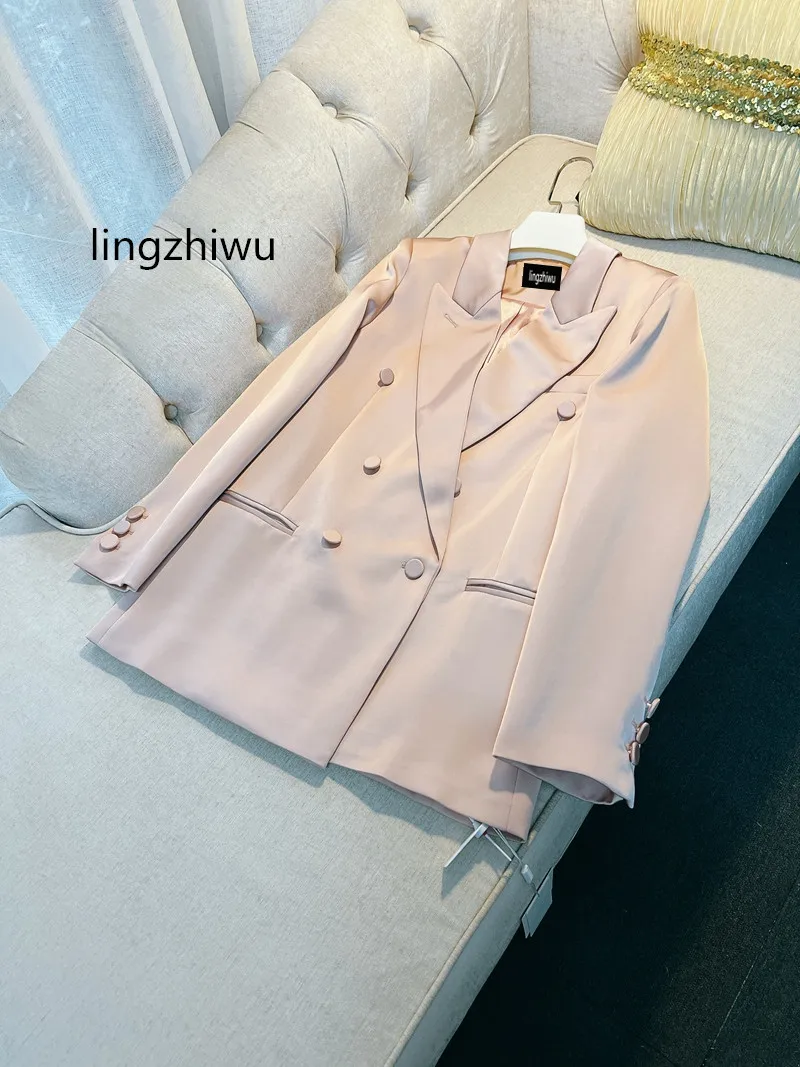 lingzhiwu Satin Blazer French Ladies Elegant Top Quality Coat Vintage British Pink Outerwear Casual 2024 Female New Arrive