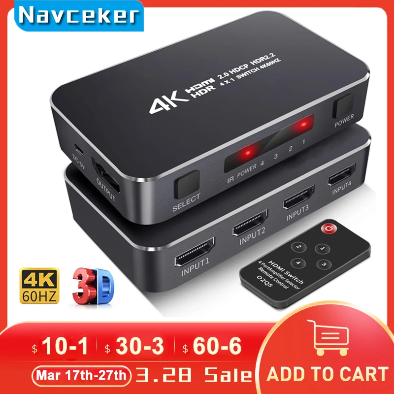 UHD HDMI 2.0 4K HDMI Switch 4x1 Mini HDMI Switch Switcher HUB Box Support HDCP 2.2 & IR Remote Control HDMI Switch Splitter