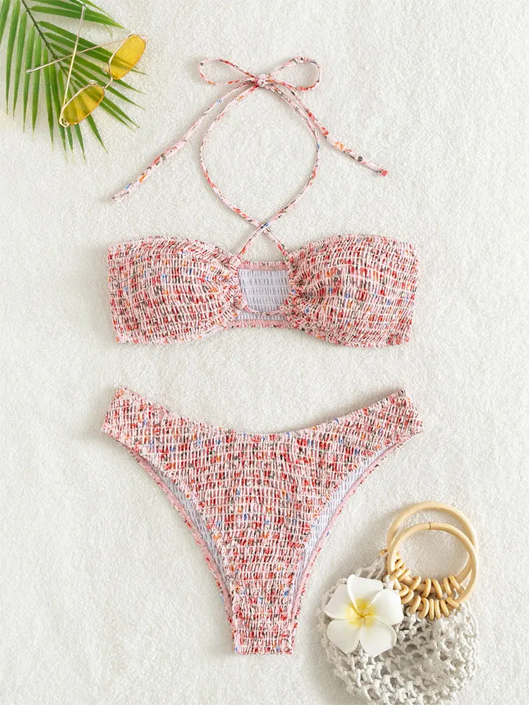 Cikini Swim Mod Ditsy w kwiatowy wzór Bikini dla kobiet, Smocked Tie Back Halter strój kąpielowy, letnie stroje kąpielowe plażowe, kostium kąpielowy