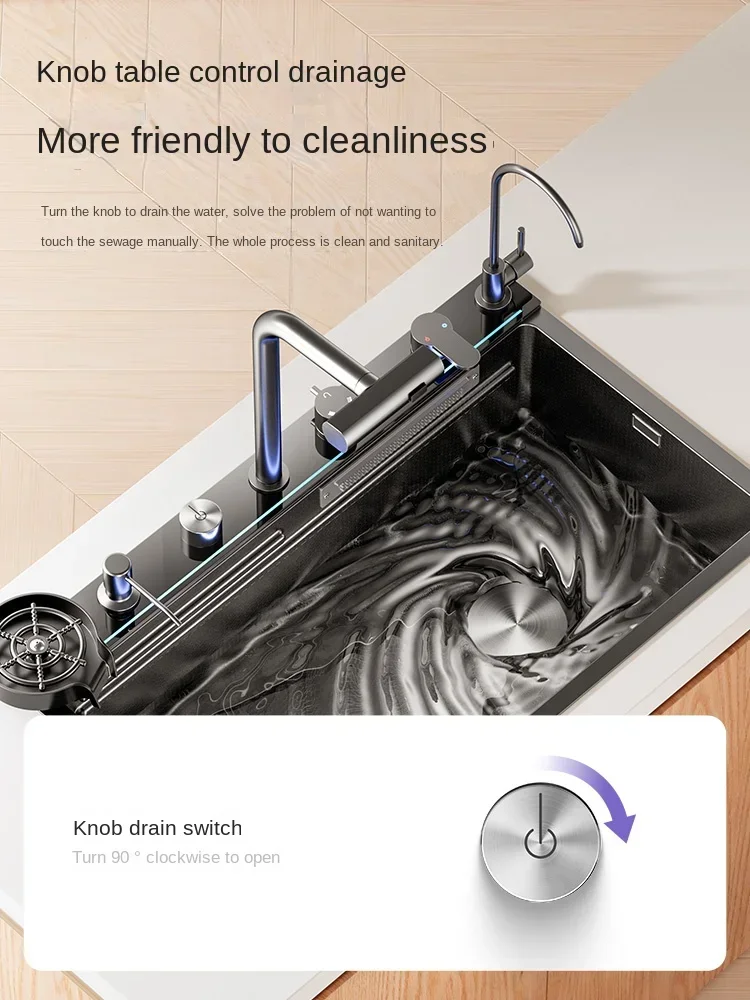 5MM 304 Stainless Steel Waterfall Kitchen Sink Large Single Slot Integrated Digital Display Faucet Set Soap Dispenser Cup Washer