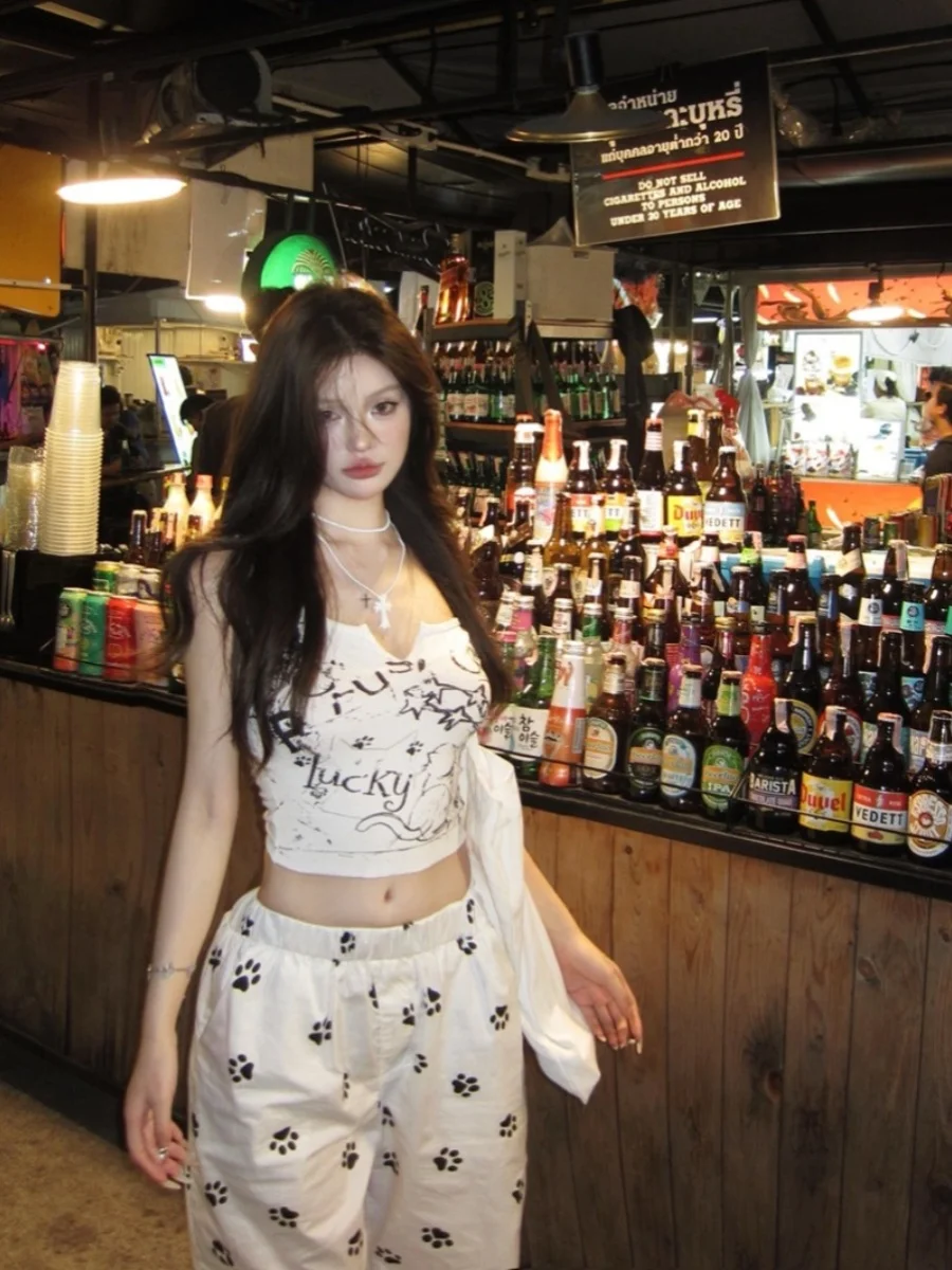 Niedliche Hunde-Fußabdruck-weiße Freizeithose, hohe Taille, gerades Bein, lange Hose für Damen, Sommer, neue Sle American High Street