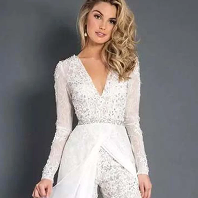 Wedding Jumpsuit Dress Ankle-Length Pantsuit Gown for Bride Party Banquet Prom Cocktail Pantsuit Separates