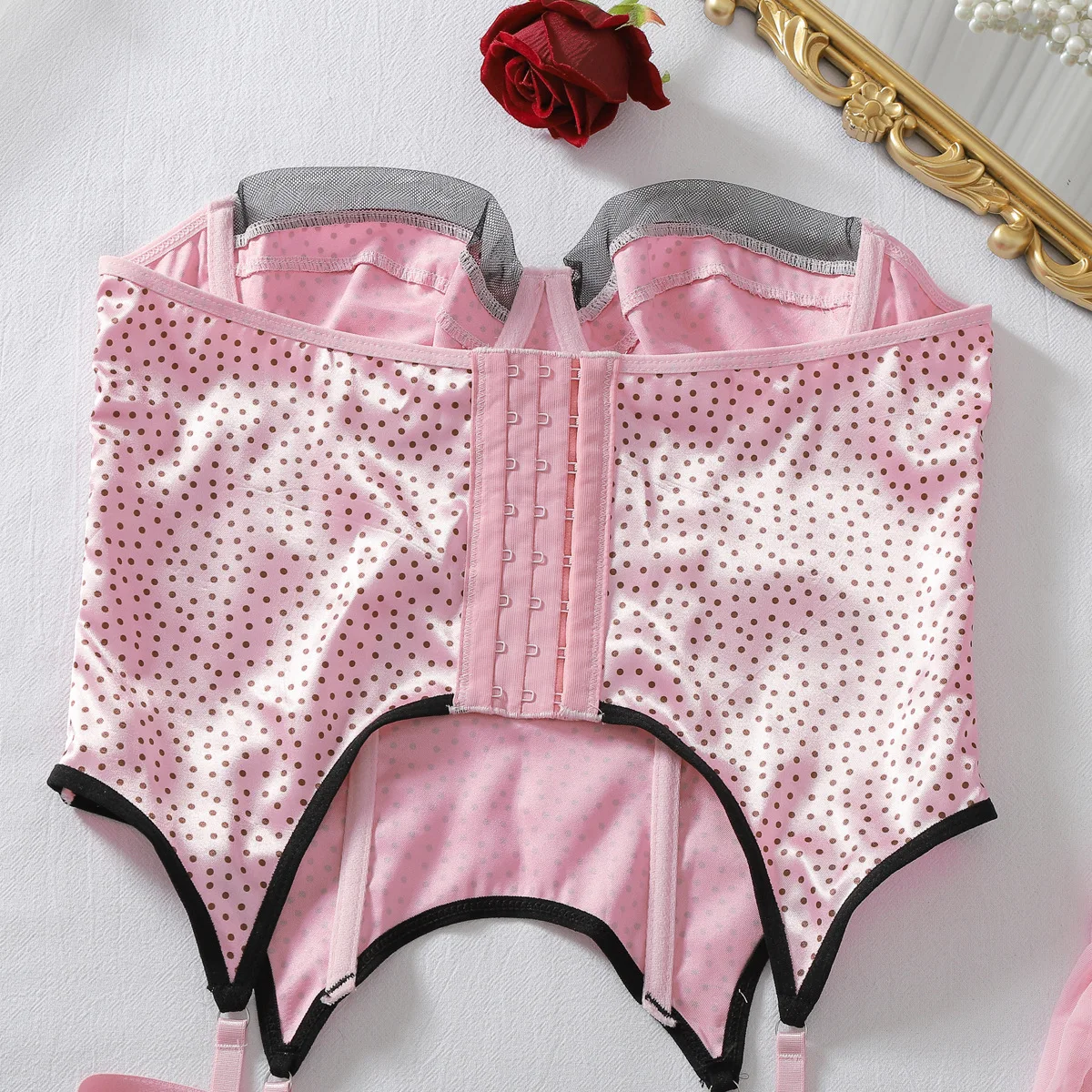 Pink Polka Dot Satin Lingerie Set Women's Strapless Corset Bodysuit Garter Thong Stockings Sexy Intimate Underwear Lingerie Set - view 5