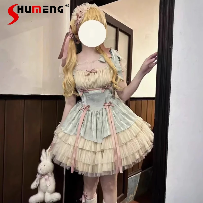 

Sweet Lolita Jsk Dress Summer Women Y2k Bow Ribbon Party Princess Dresses Japanese Girls Kawaii Ballet Style Mesh Mini Dress