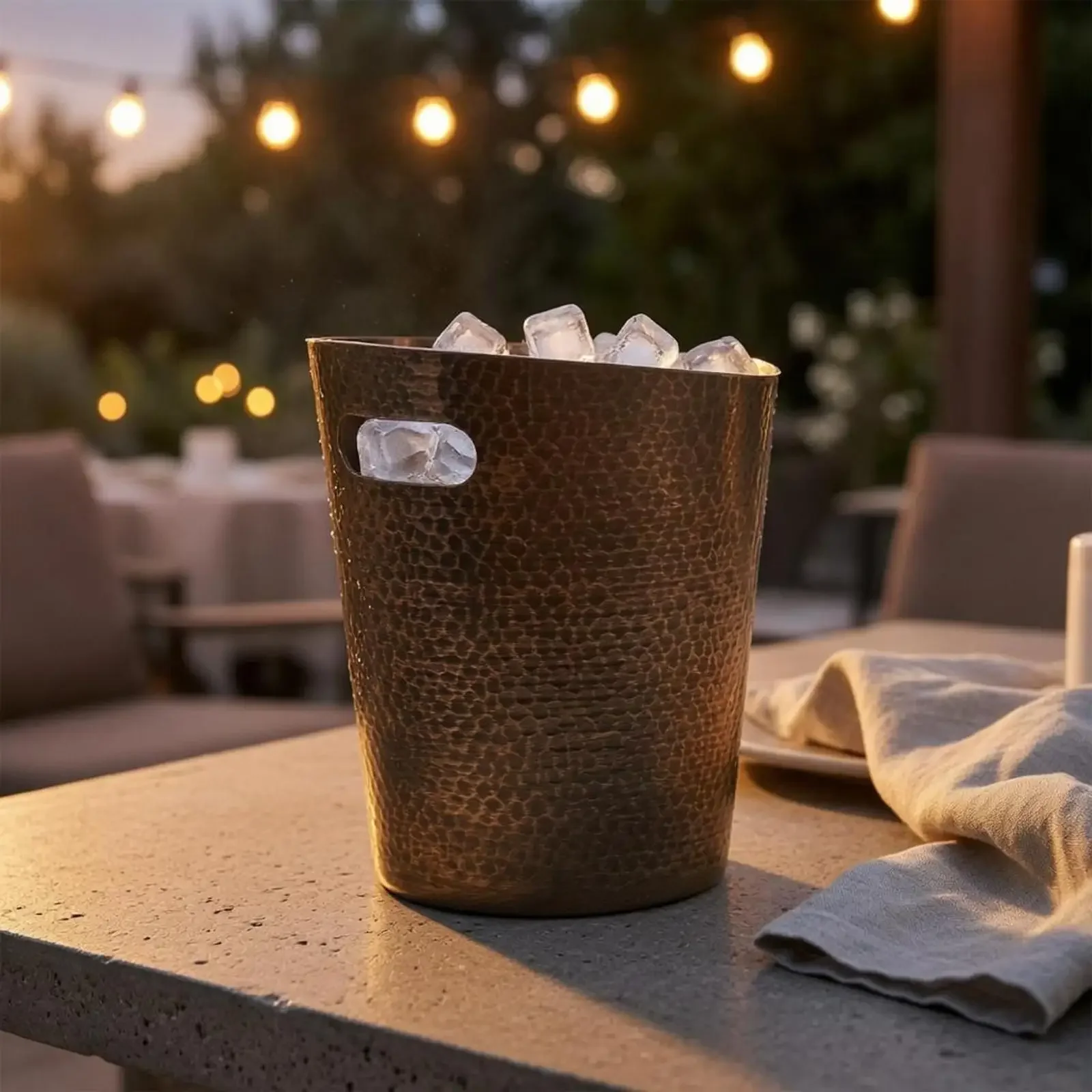 Open Top Stainless Steel Ice Bucket for Champagne Wine with Aged Surface Texture