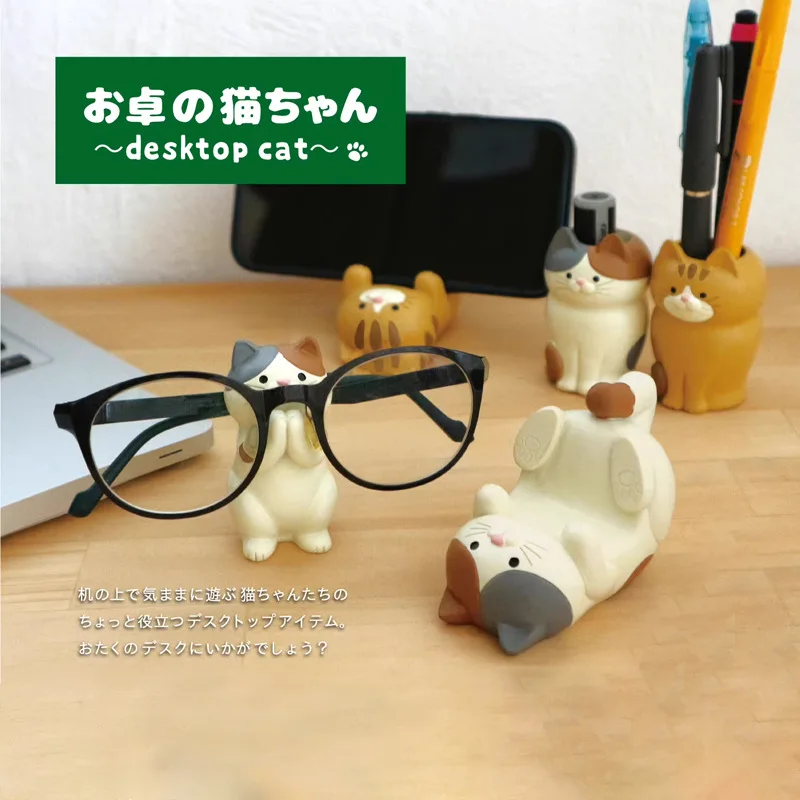 Japan Zakka Glasses Mobile Phone Holder Stationery Desktop Cat Decoration Collectible Home Decor Resin Craft Ornaments Gifts New