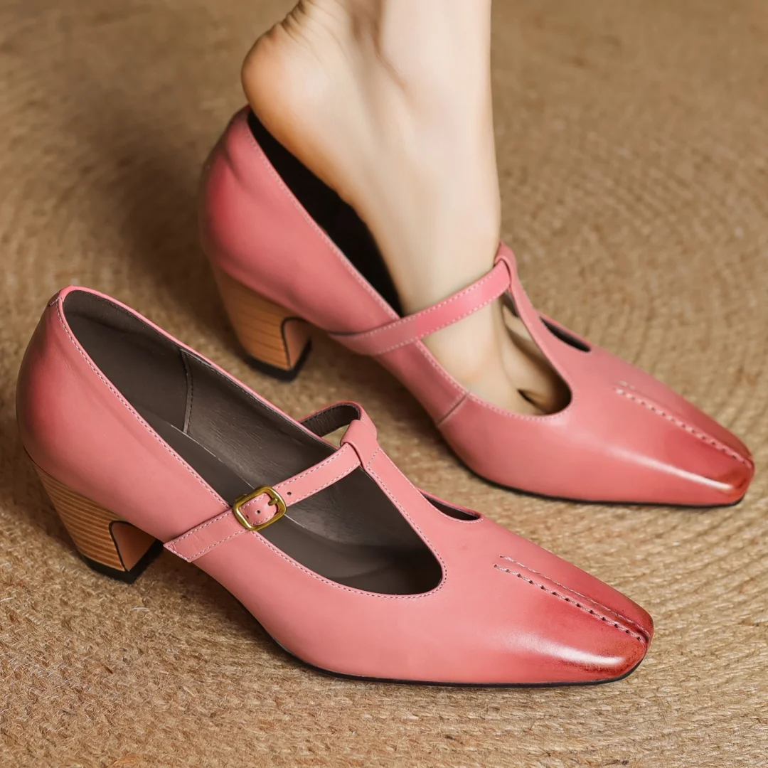 

danxuefei 2025 spring new women's cow leather 5.5cm thin high heel square toe slip-on t-strap pumps elegant ladies heeled shoes