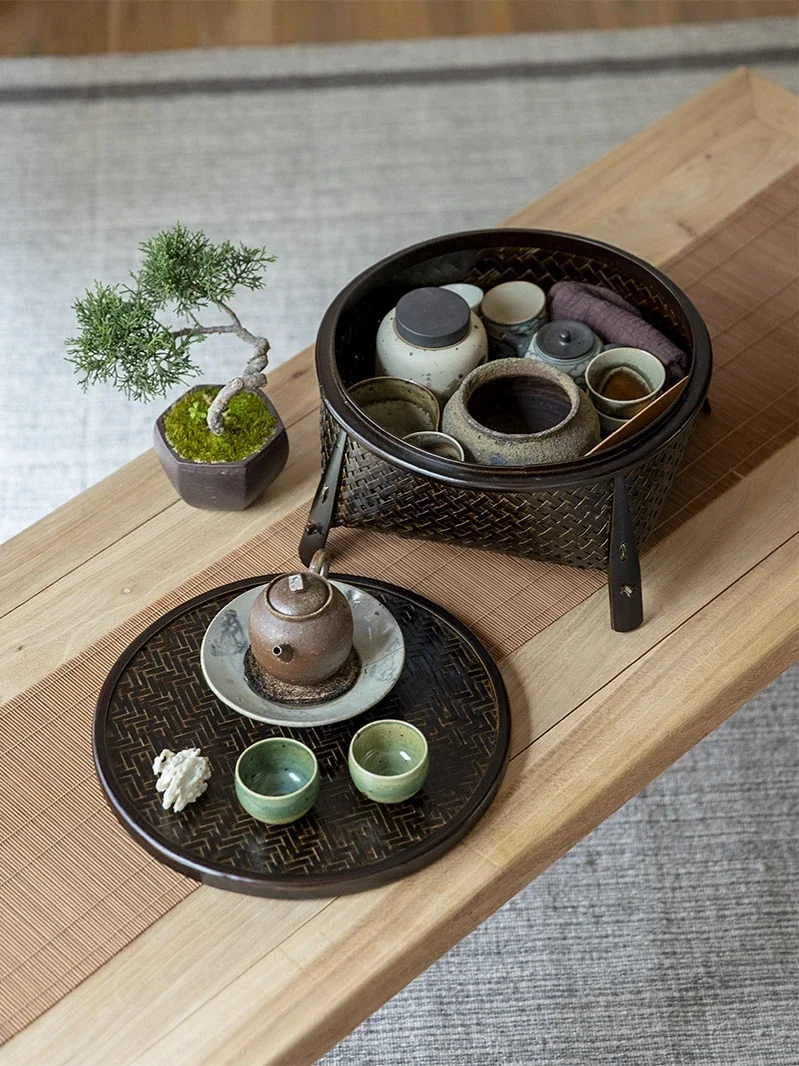Japanese Style Bamboo Tea Set Storage Box Lacquer Crafts Tea Tray Dry Tea Table Set Basket Teaware Ceremony Parts Teaware Supply