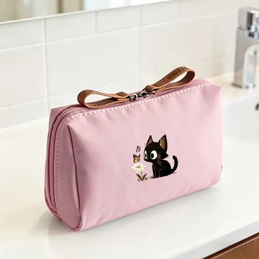 Simple Solid Color Makeup Bag Portable Size Cat Printed Storage Organizer Small Capacity Versatile Travel Pouch For Women