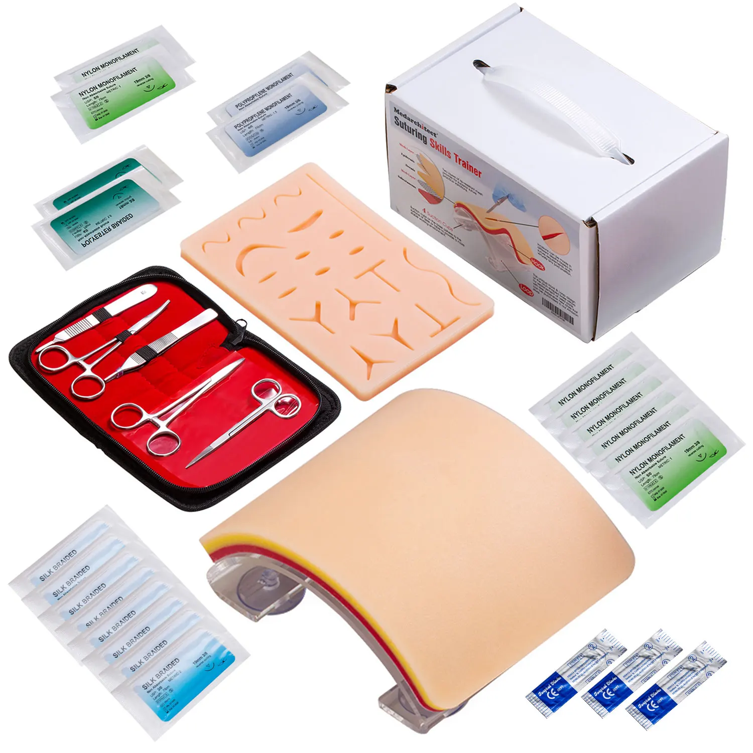 Premium Suturing Skill Trainer Practice Kit (40 Pcs) Including DIY Incision Suture Pad with Hook & Loop Replacement Design