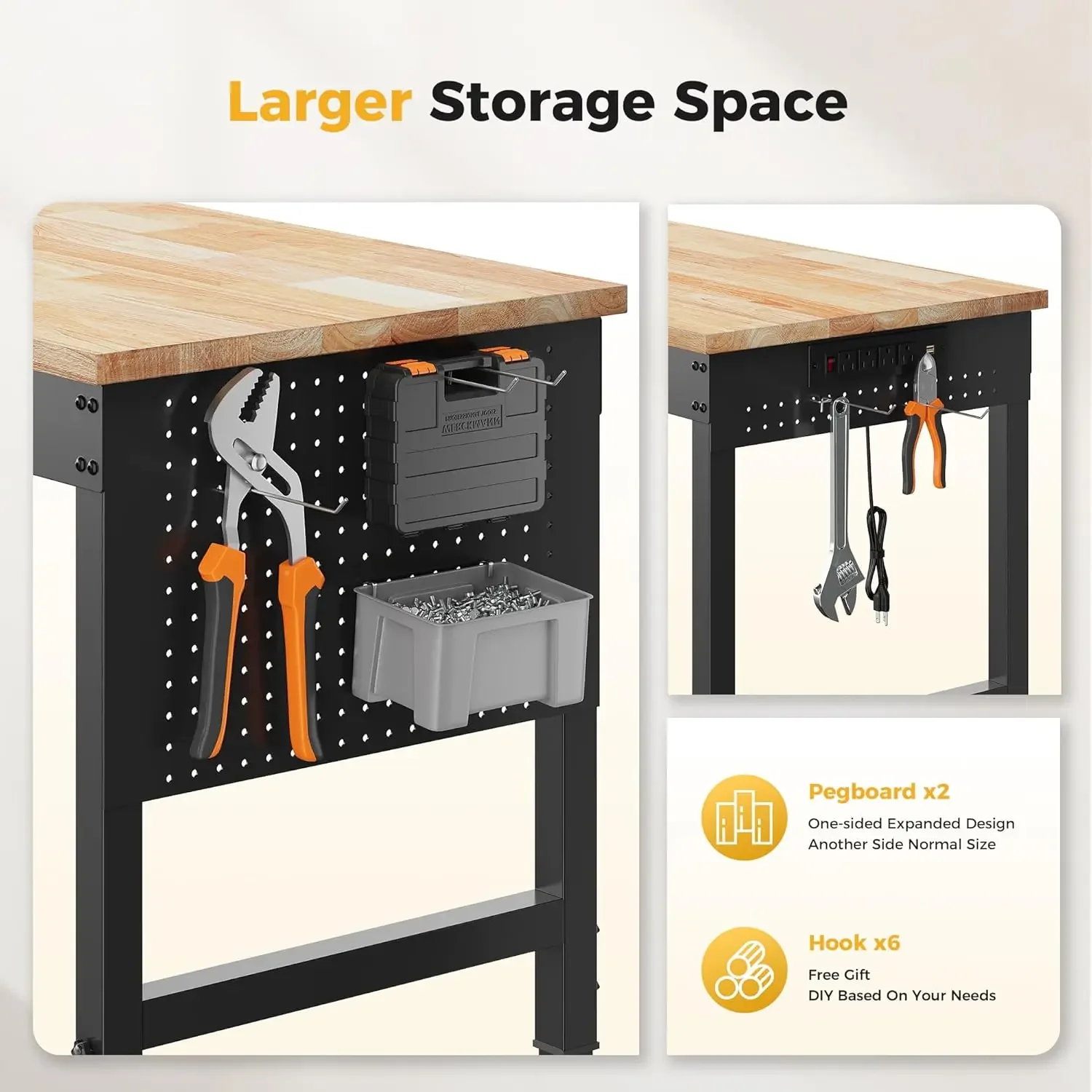 60" Adjustable Heavy Duty Workbench, 2000 LBS Load Capacity Rubber Wood Work Table with Pegboard, Power Outlets, Work Bench