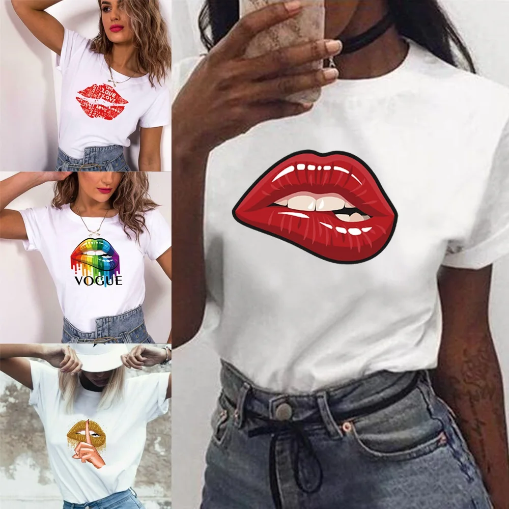 

TShirt Women 2022 Fashion Harajuku Summer Top Tee Couple Casual Cartoon Mouth Print Short Sleeve T Shirt