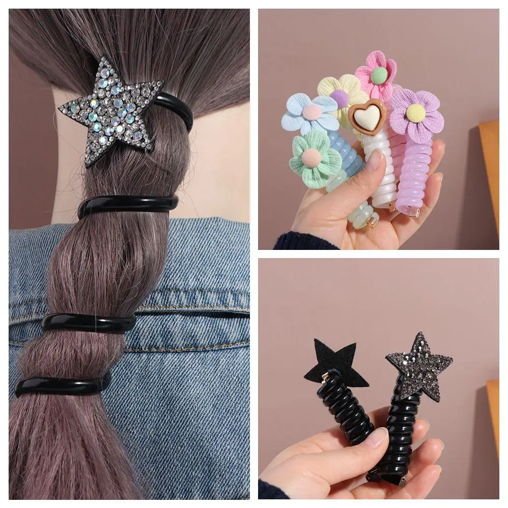 Crystal Telephone Line Hair Rope Heart Pentagram Rhinestone Star Hair Bands Plastic Rubber Band Flower Ponytail Holder Wedding