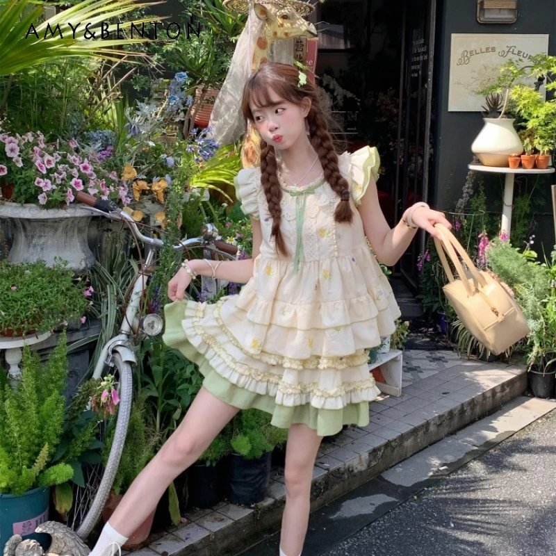 

Korean Sweet Cute Bow Hollow Out Embroidered Flying Sleeves Women's Top Summer New Lace Splicing Age Reduction Skirt Sets Ladies