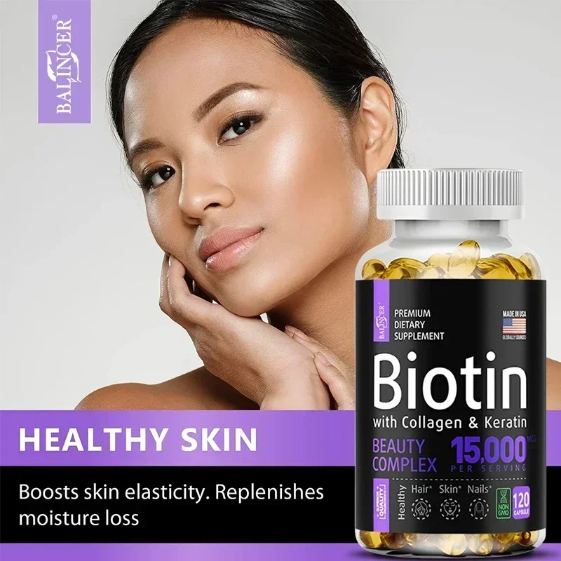 Biotin Capsules 15,000 MCG - Increase Healthier, Shinier Hair, Skin & Nails- 30 To 120 Capsules with Biotin Collagen A & B