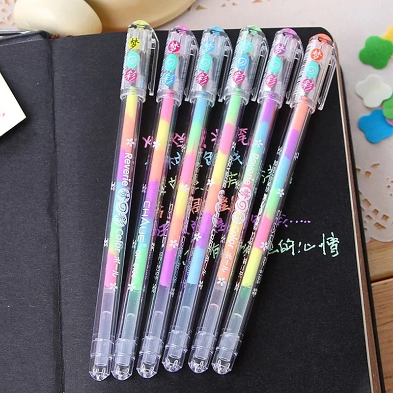 2/8/12Pcs 6 in 1 Rainbow colorful gel pen Highlighters gel Arrow Pen Marker Stationery Colorful Painting Stationery Writing Pen