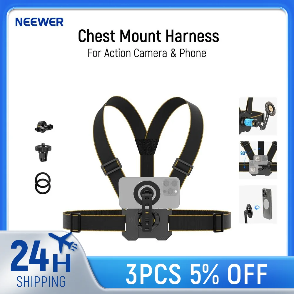 

NEEWER Chest Mount Harness for Action Camera & Phone, Adjustable Hand Free Chest Strap Compatible with GoPro Hero DJI Osmo