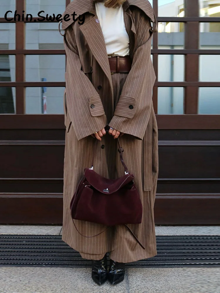

Элегантный женский полосатый длинный плащ с поясом, свободные однобортные пальто с длинными рукавами и лацканами, осень 2022, женская верхняя одежда
