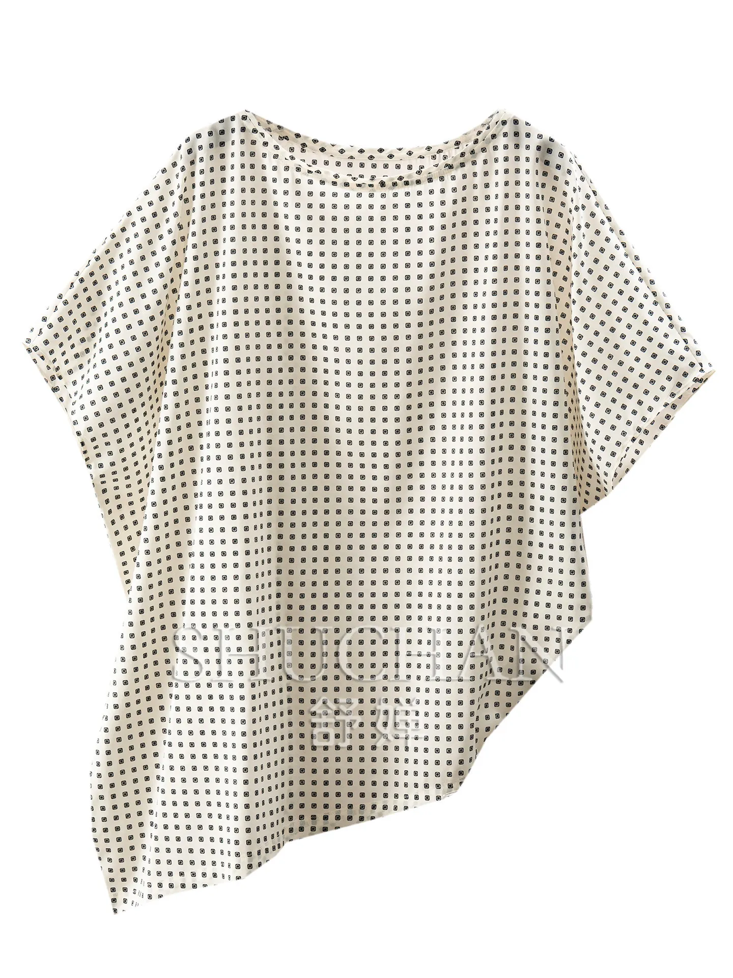 French Blouse Geometric Printing Irregular Hem with Cut Sleeves Silk Shirt Women's 54W4 Blusas Femininas Com Frete Gratis