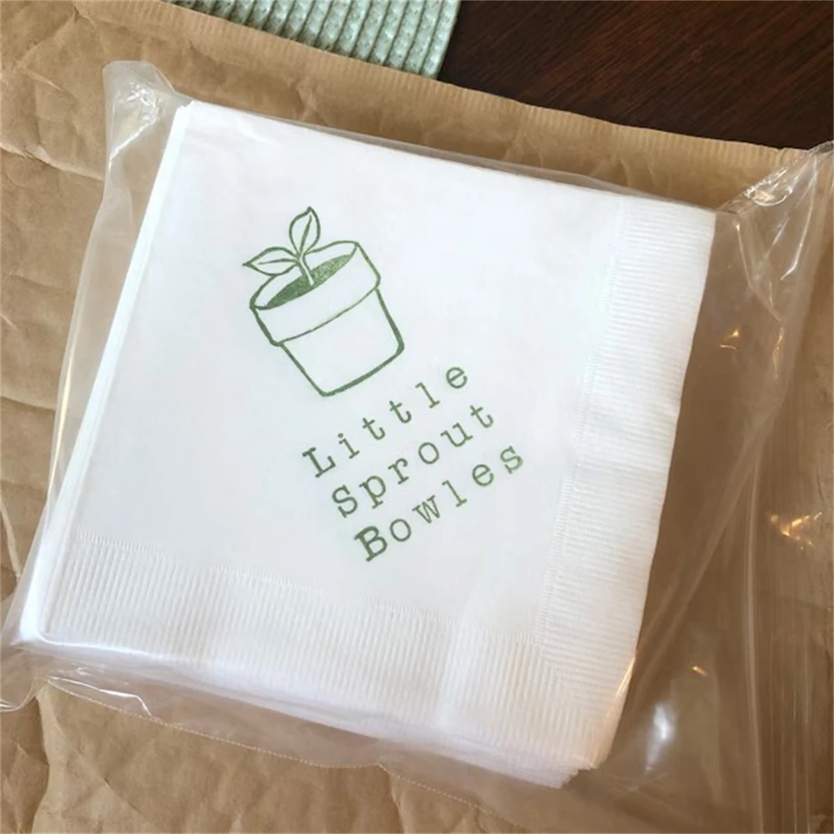 Personalized Little Sprout Cocktail Napkins Beverage Garden Spring Summer Baby Shower in Olive Green ink Birthday Party, 50Pcs