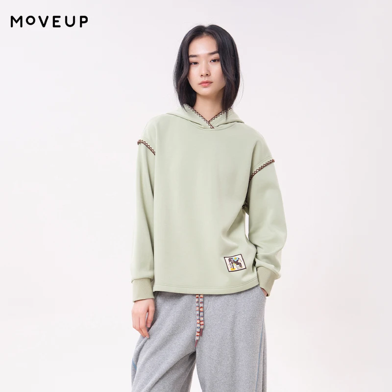 MOVEUP Women's Cropped Hooded Sweatshirt FUN Series 2026 Winter Woven Label Elephant Embroidery Daily Casual Pullover 3ELD11441