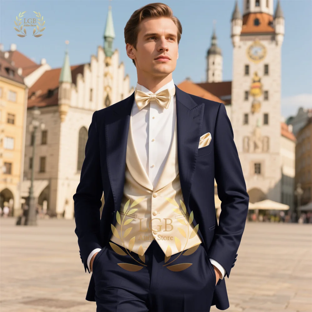 بدلة رجالية مكونة من 3 قطع، سترة أنيقة مع سترة من الساتان اللامع بلون الشمبانيا، بدلة عشاء عصرية لحفلات الزفاف