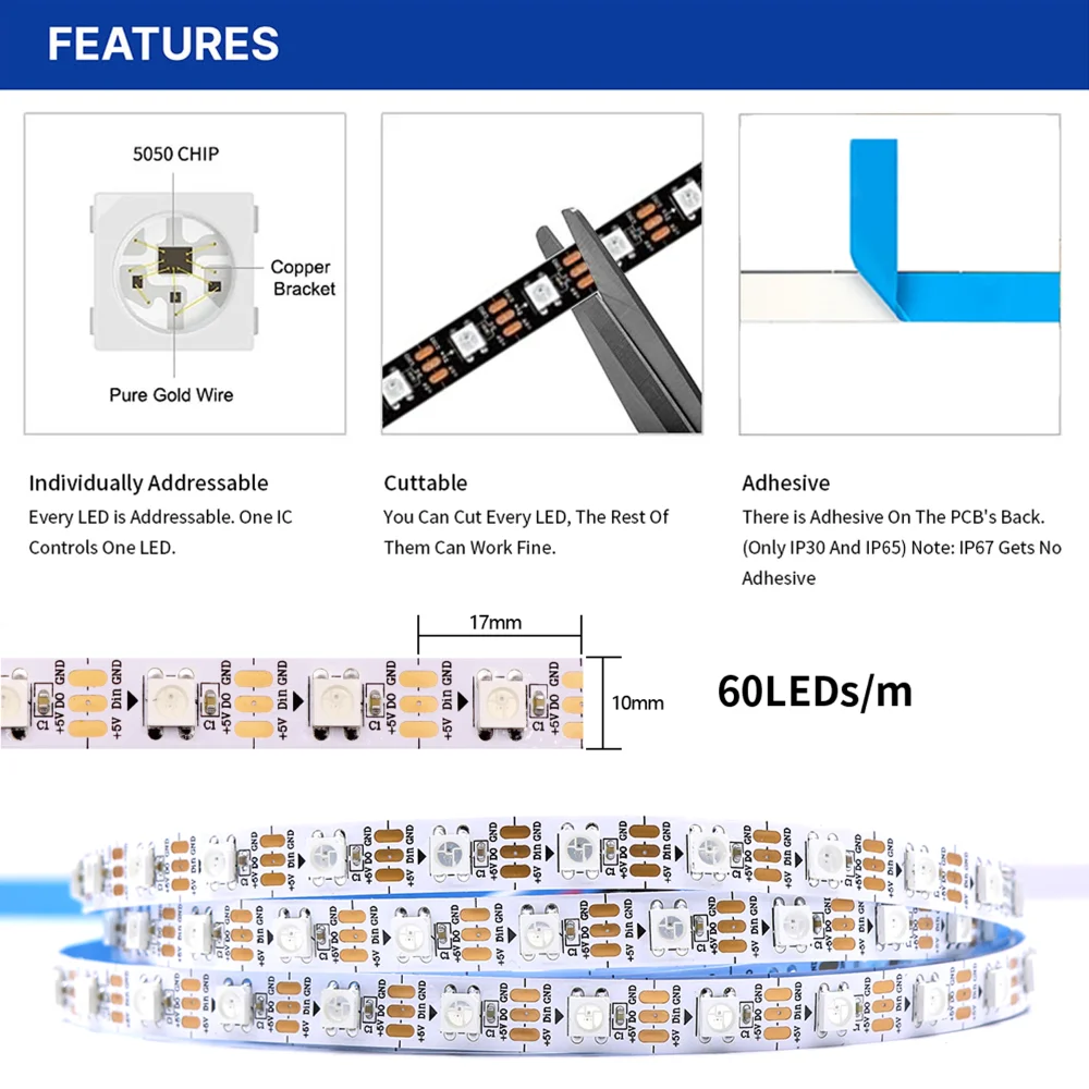 Led 스트립 WS2812B SP530E 블루투스 2.4G 컨트롤러 세트 30/60/144 IC 픽셀/m RGB 개별적으로 주소 지정이 가능한 LED 조명 키트 DC5V LED