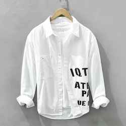 2023 Spring New Letter Print Shirts for Men Casual Long Sleeve Cotton Tops Male Turn-down Collar Button Up Shirt