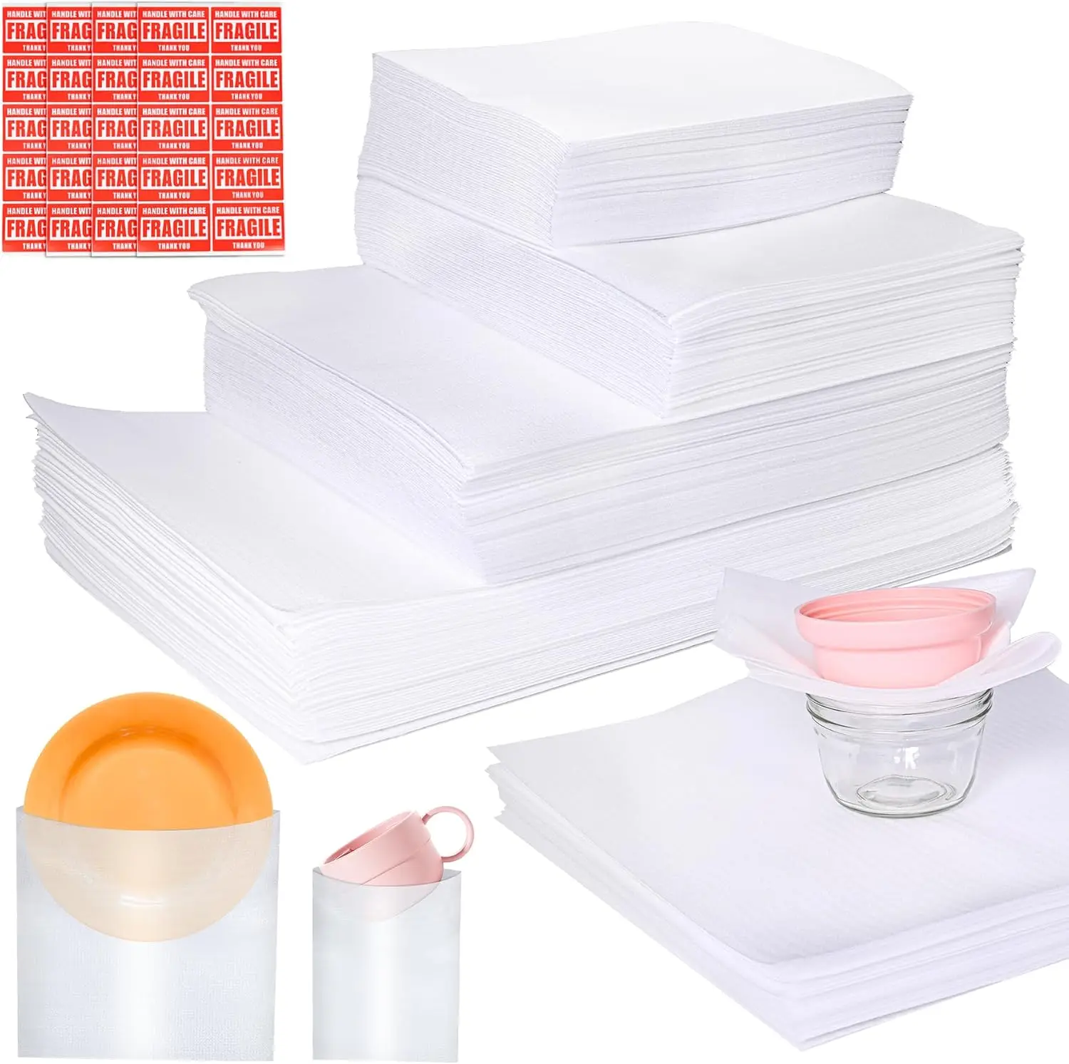 

540Pcs Dish Packing Supplies for Moving, 270 Cushion Foam Wrap Pouches & Sheets 4 Sizes with 70 Fragile Stickers, Reusable