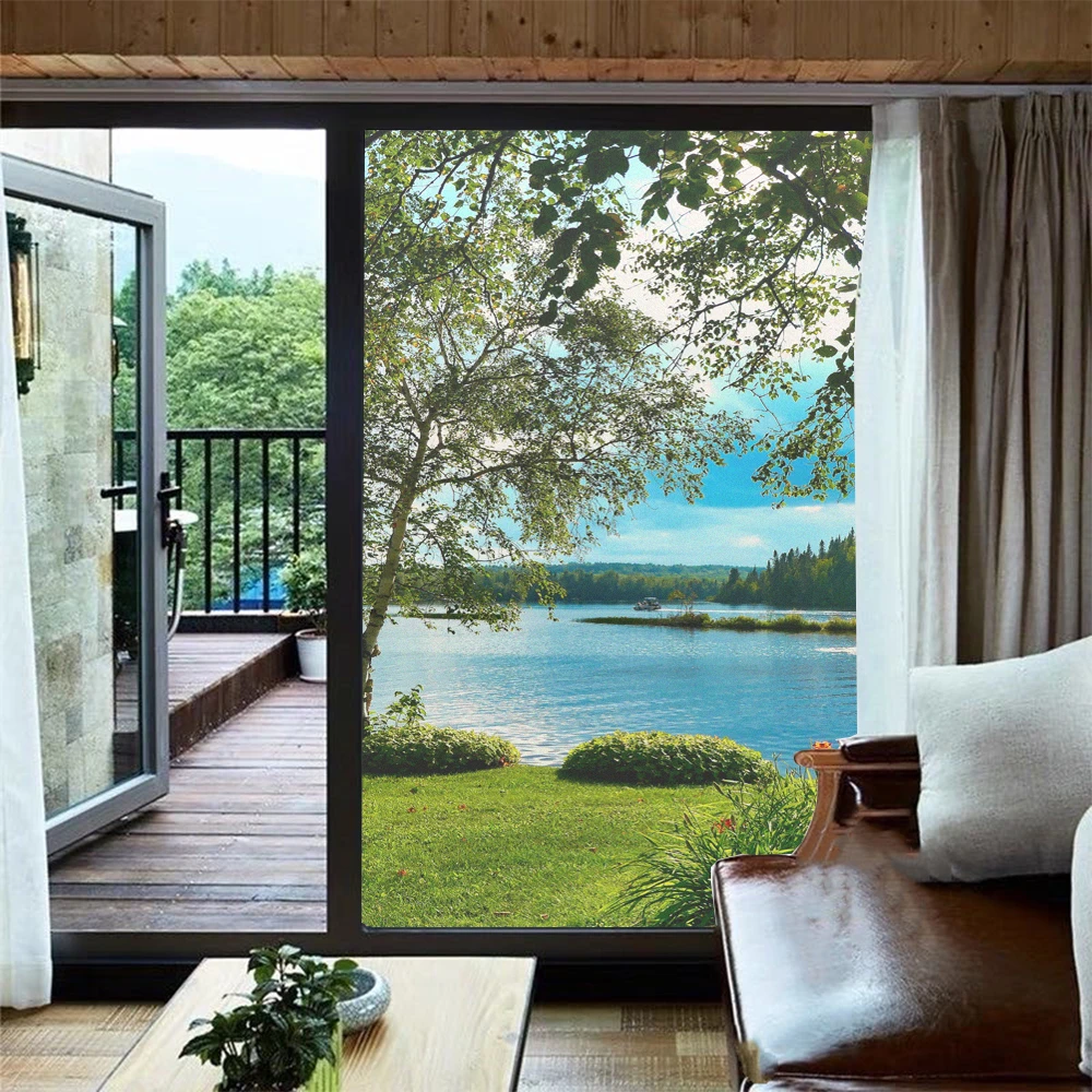 Non-glue Static Cling Privacy Window Frosted Film Natural Lake View Pattern Sun Blocking Glass Door Window Decorative Film