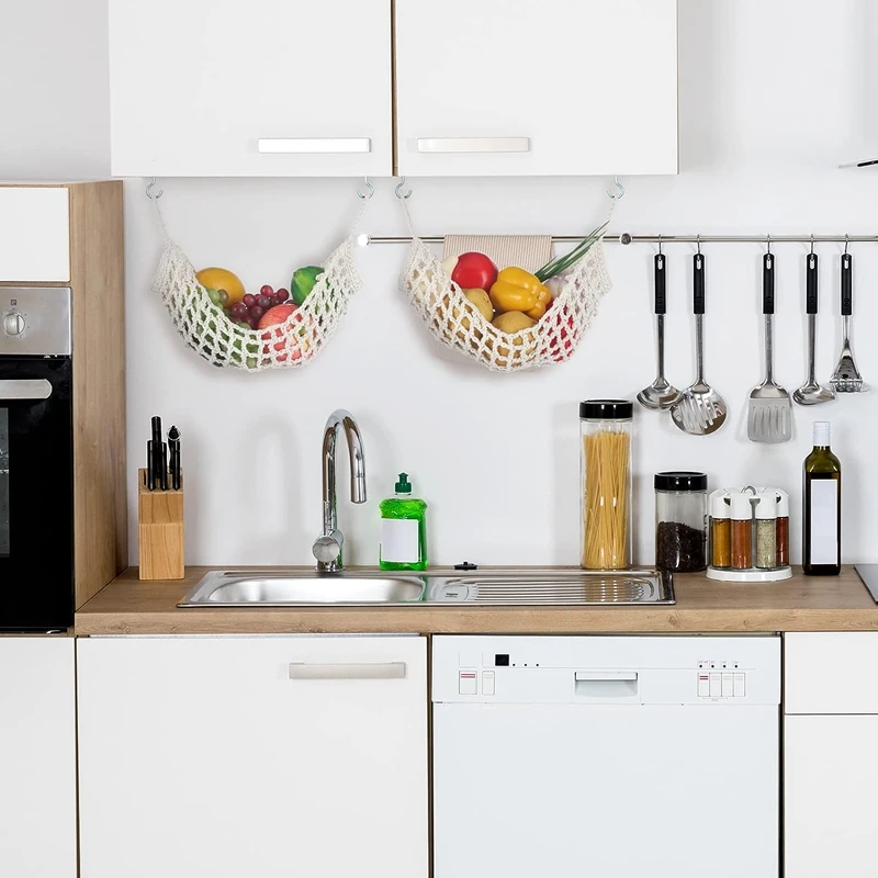 2 Pcs Macrame Fruit Hammock For Kitchen Under Cabinet Hanging Fruit Baskets Handwoven Decorative Fruit Net Bag Easy To Use