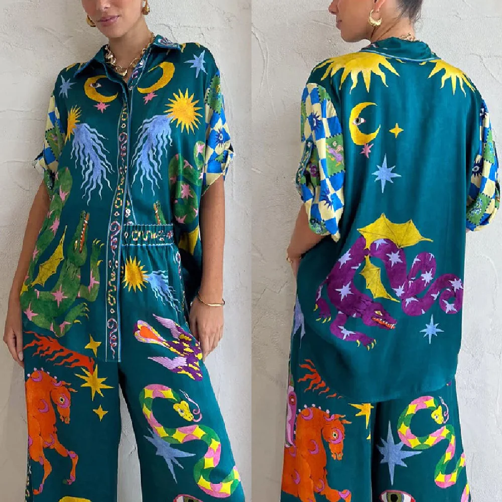 2024Women Printed Set Buttons Shirt Blouse Top Loose Long Pants 2 Pieces Set Lady Hawaii Spring Summer Casual Outfits Streetwear