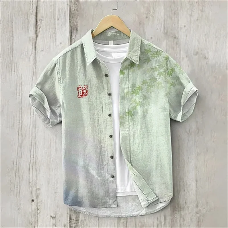 Linen shirt-2024 summer men's lapel short-sleeved T-shirt casual printed shirt elegant and comfortable tops new clothes XS-5XL