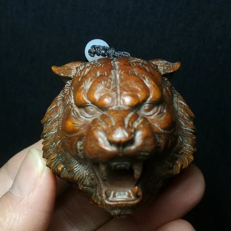 

1919 Antique art Size 2 Inch Old Chinese Boxwood Hand carved Tiger Head Figurine Statue Netsuke Decoration Gift Collection